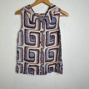 Boden Womens 100% Linen Sleeveless Button Front Retro Swirl Top WA583 US 6 Blue